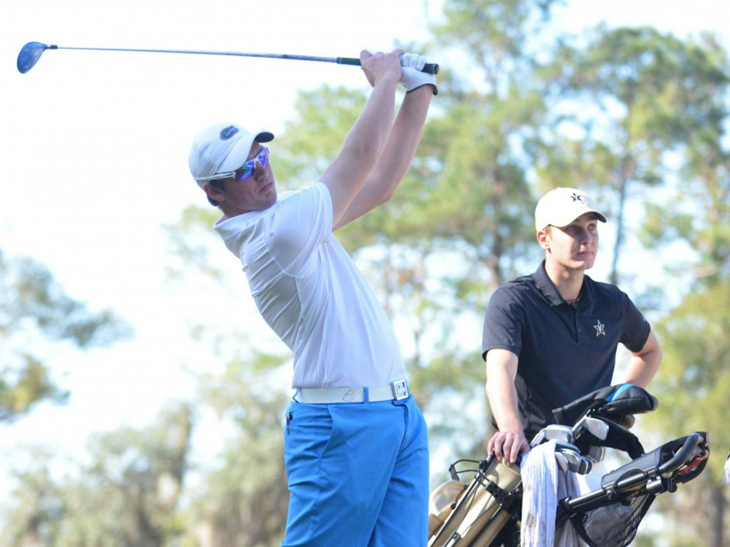 Sam Horsfield tees off on the ninth hole at UF's Mark Bostick Golf Course during the first round of the SunTrust Invitational on Feb. 20, 2016.