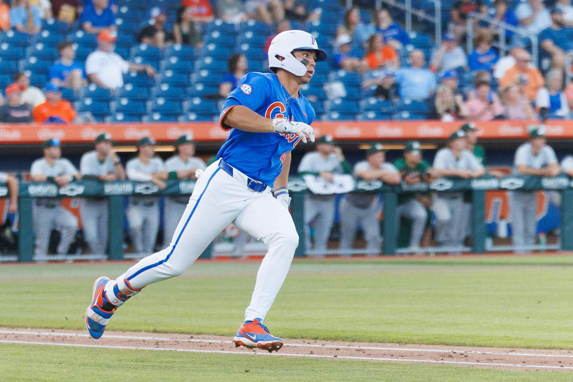 Florida outfielder Jacob Kendall (43) runs to first base during an NCAA baseball game against Jacksonville University, Tuesday, March 31, 2026, in Gainesville, Fla.