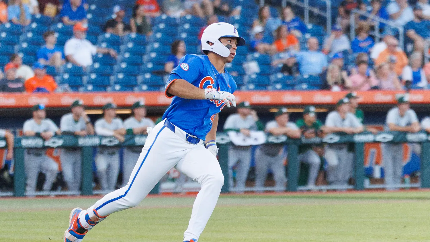 Florida outfielder Jacob Kendall (43) runs to first base during an NCAA baseball game against Jacksonville University, Tuesday, March 31, 2026, in Gainesville, Fla.