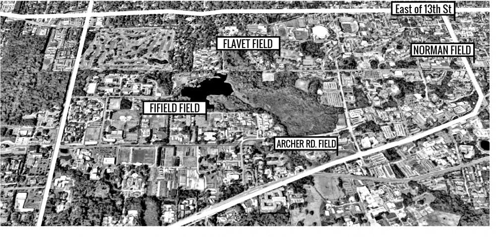 The five temporary lots that will soon open to accommodate parking during the construction of Garage 14 on Gale Lemerand Drive. The cost for the temporary lots is projected to be around $4 million. Parking will be available to UF faculty and graduate students.