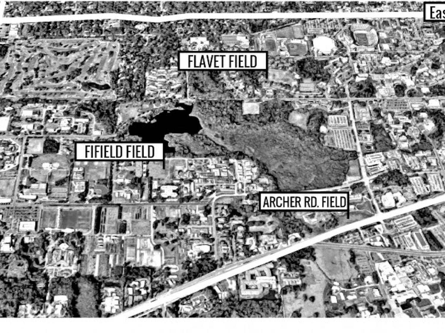 The five temporary lots that will soon open to accommodate parking during the construction of Garage 14 on Gale Lemerand Drive. The cost for the temporary lots is projected to be around $4 million. Parking will be available to UF faculty and graduate students.