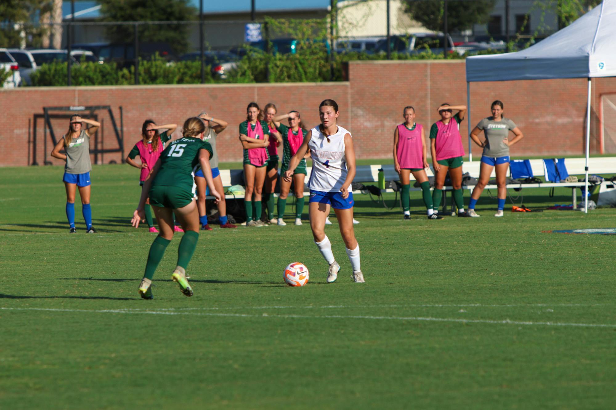 Florida freshman forward Megan Hinnenkamp takes on a defender in the Gators' 8-0 win against the Stetson Hatters Sunday, Aug. 27, 2023. 