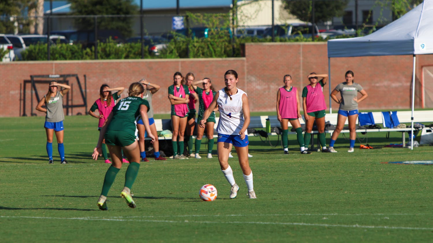 Florida freshman forward Megan Hinnenkamp takes on a defender in the Gators' 8-0 win against the Stetson Hatters Sunday, Aug. 27, 2023. 