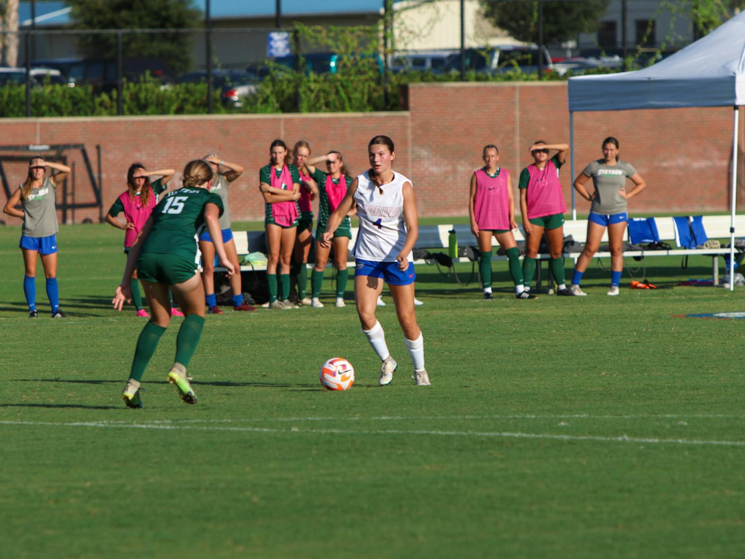 Florida freshman forward Megan Hinnenkamp takes on a defender in the Gators' 8-0 win against the Stetson Hatters Sunday, Aug. 27, 2023. 