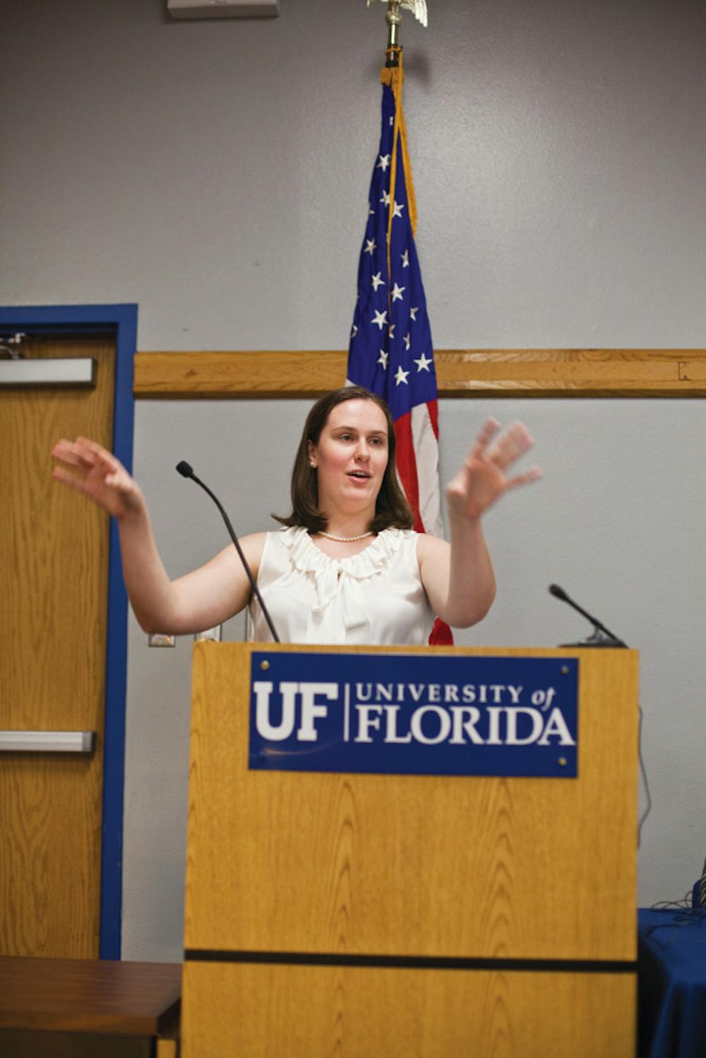 <p>Sen. Carly Wilson gives a goodbye speech at the final Senate meeting of the semester, during which old senators said farewell and new senators gave introductions at the Reitz Union on Tuesday night.</p>