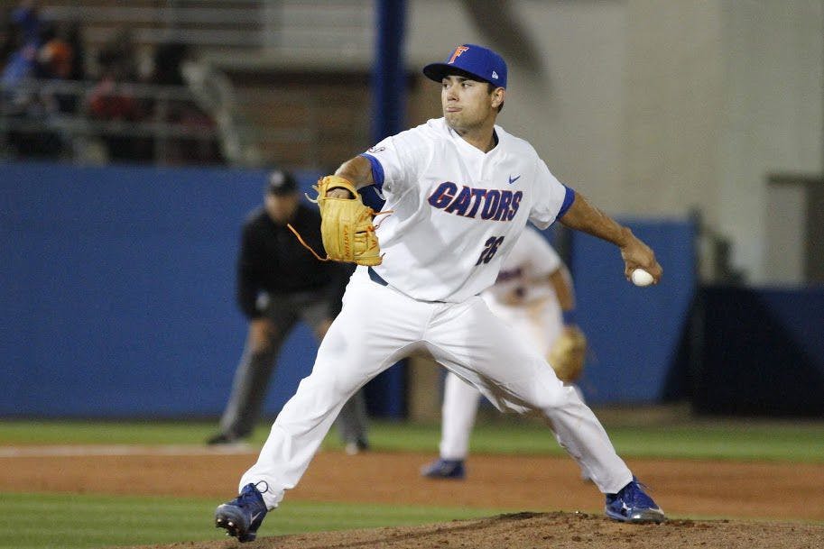 UF junior Nick Horvath throws a pitch during Florida's 5-4 win against William &amp; Mary on Feb. 17, 2017, at McKethan Stadium.