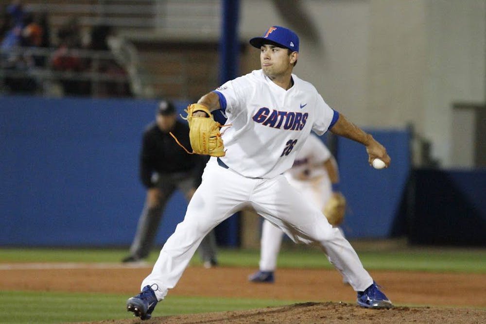 <p>UF junior Nick Horvath throws a pitch during Florida's 5-4 win against William &amp; Mary on Feb. 17, 2017, at McKethan Stadium.</p>