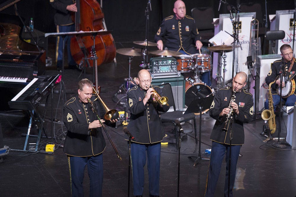 <p class="p1">Jazz Ambassadors of the U.S. Army Field Band perform Tuesday night in the Phillips Center.</p>