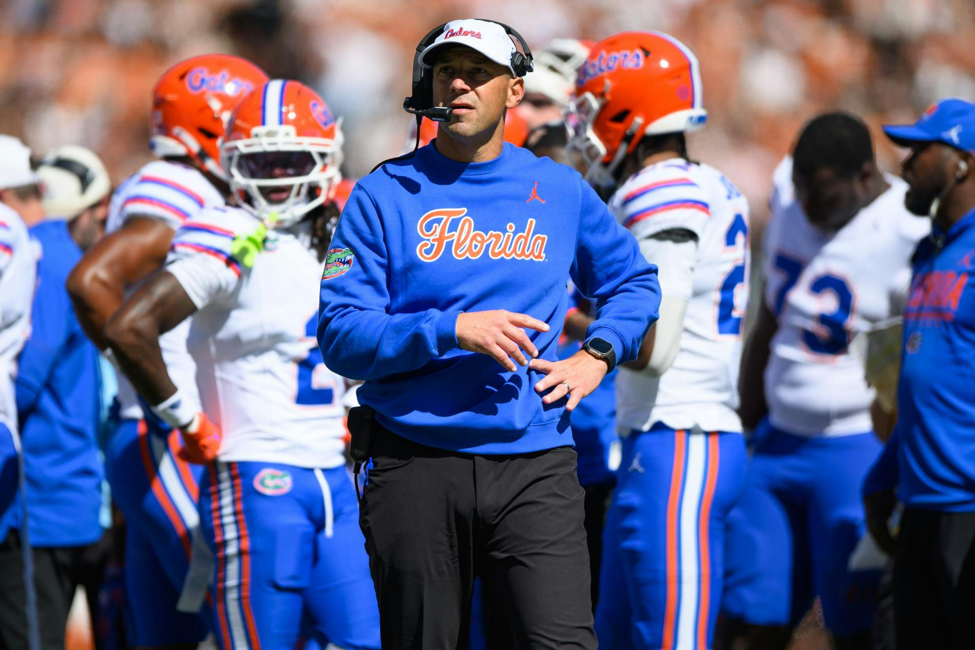 Florida head coach Jon Sumrall looks at the scoreboard during the first half of an NCAA college football game against Texas, Friday, Oct. 16, 2026, in Austin, Texas.