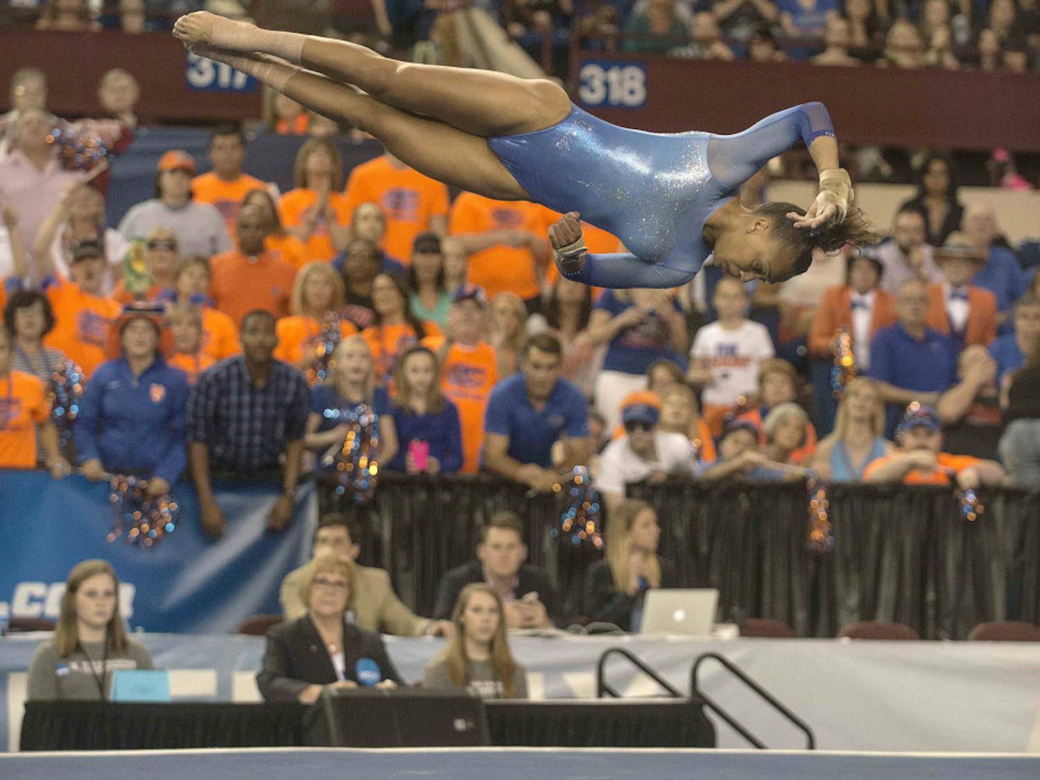 Florida senior all-arounder Kytra Hunter performs her floor routine where she scored 9.975 during the 2015 NCAA gymnastics championships on Saturday, April 18, 2015 in Fort Worth, Texas.