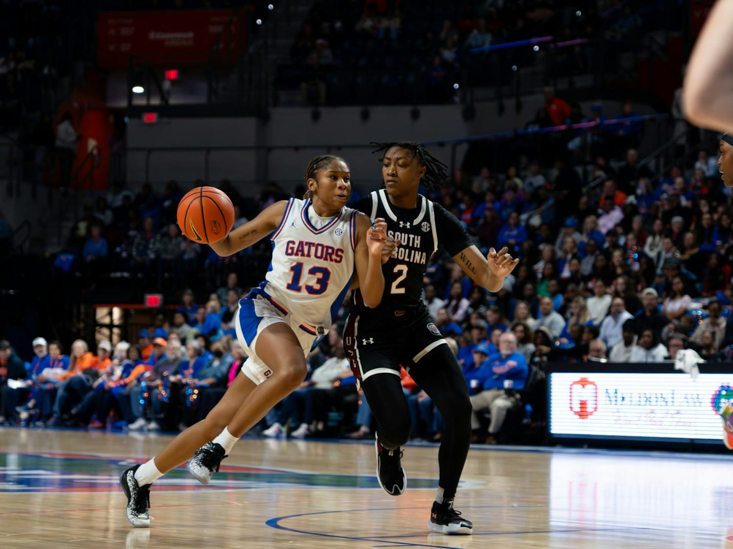 Freshman guard Leila Reynolds drives in the lane during Florida's 89-66 loss to the South Carolina Gamecocks Thursday, Jan. 4, 2024.