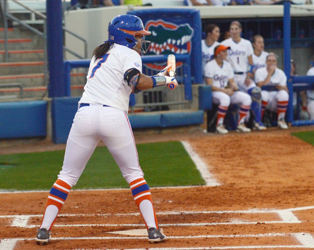 <p>Kelsey Stewart attempts a bunt during Florida’s win against Jacksonville on Feb. 19 at Katie Seashole Pressly Stadium. Stewart leads UF with a .432 batting average.</p>