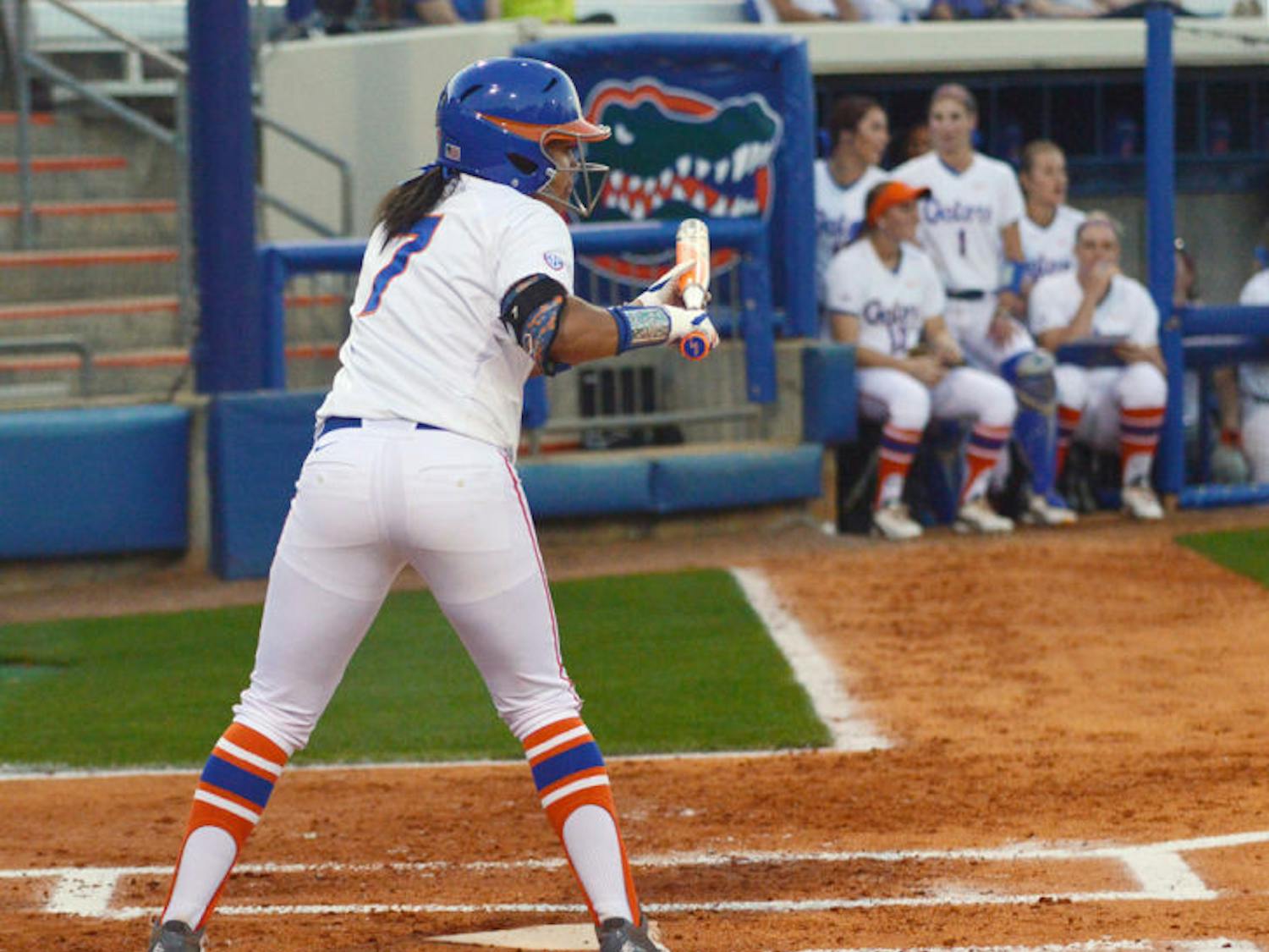 Kelsey Stewart attempts a bunt during Florida’s win against Jacksonville on Feb. 19 at Katie Seashole Pressly Stadium. Stewart leads UF with a .432 batting average.
