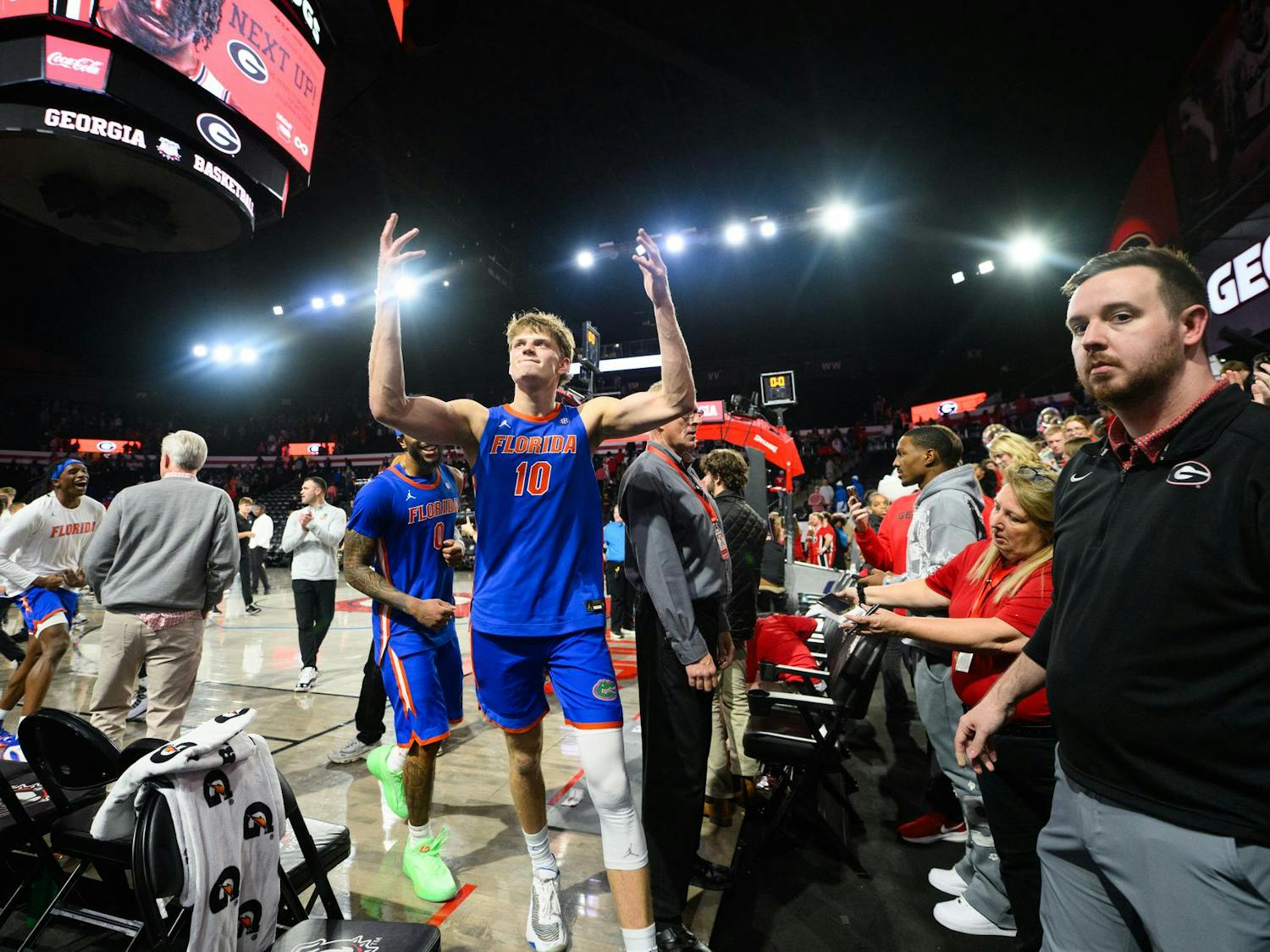 Florida forward Thomas Haugh (10) hypes up the crowd as the Gators walk off the court after an NCAA college basketball game against Georgia, Wednesday, Feb. 11, 2026, in Athens, Ga.