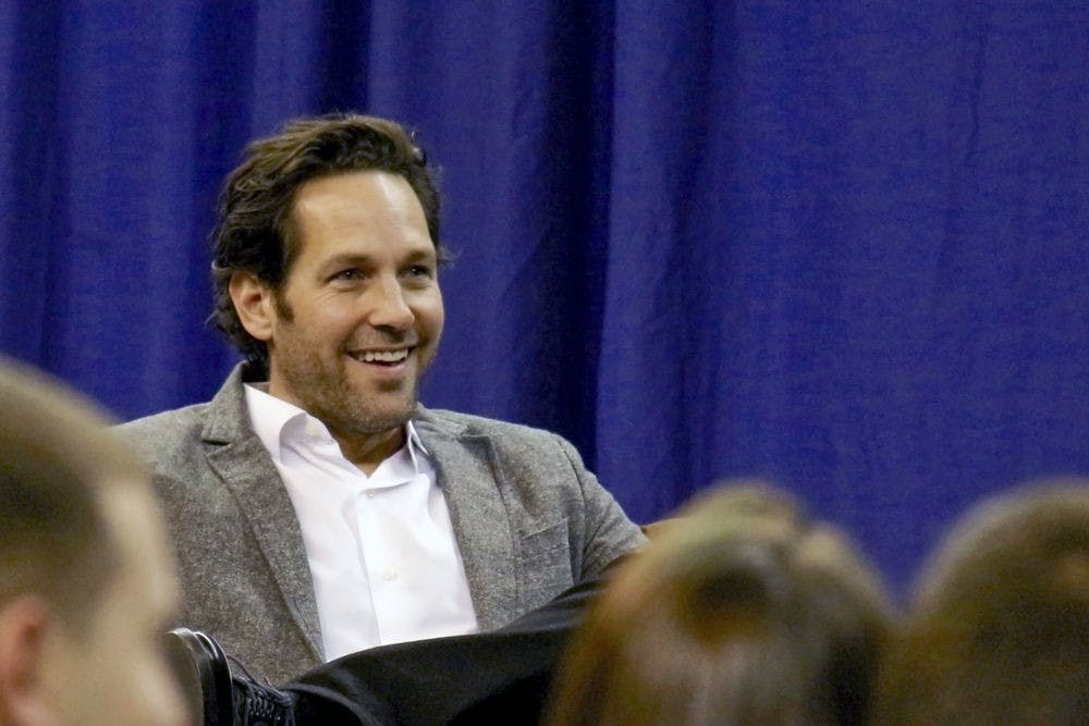 <p>Movie star Paul Rudd speaks with The New York Times culture reporter David Itzkoff about his acting career at the Stephen C. O'Connell Center on Monday evening. "I feel like I'm somewhere I'm really not supposed to be," Rudd said about being in the Marvel superhero movie franchise.</p>