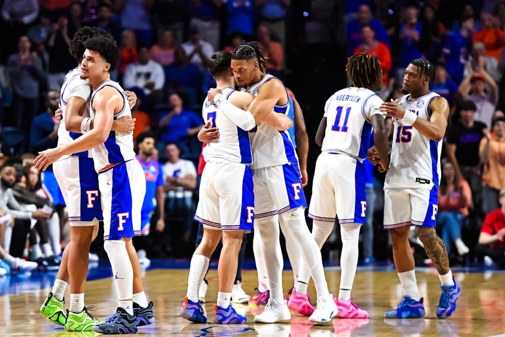 The three Florida senior guards check out of the game as the Florida Gators face the Ole Miss Rebels on Saturday, March 8, 2025, at the Stephen C. O’Connell Center in Gainesville, Fla. (Matthew Lewis)