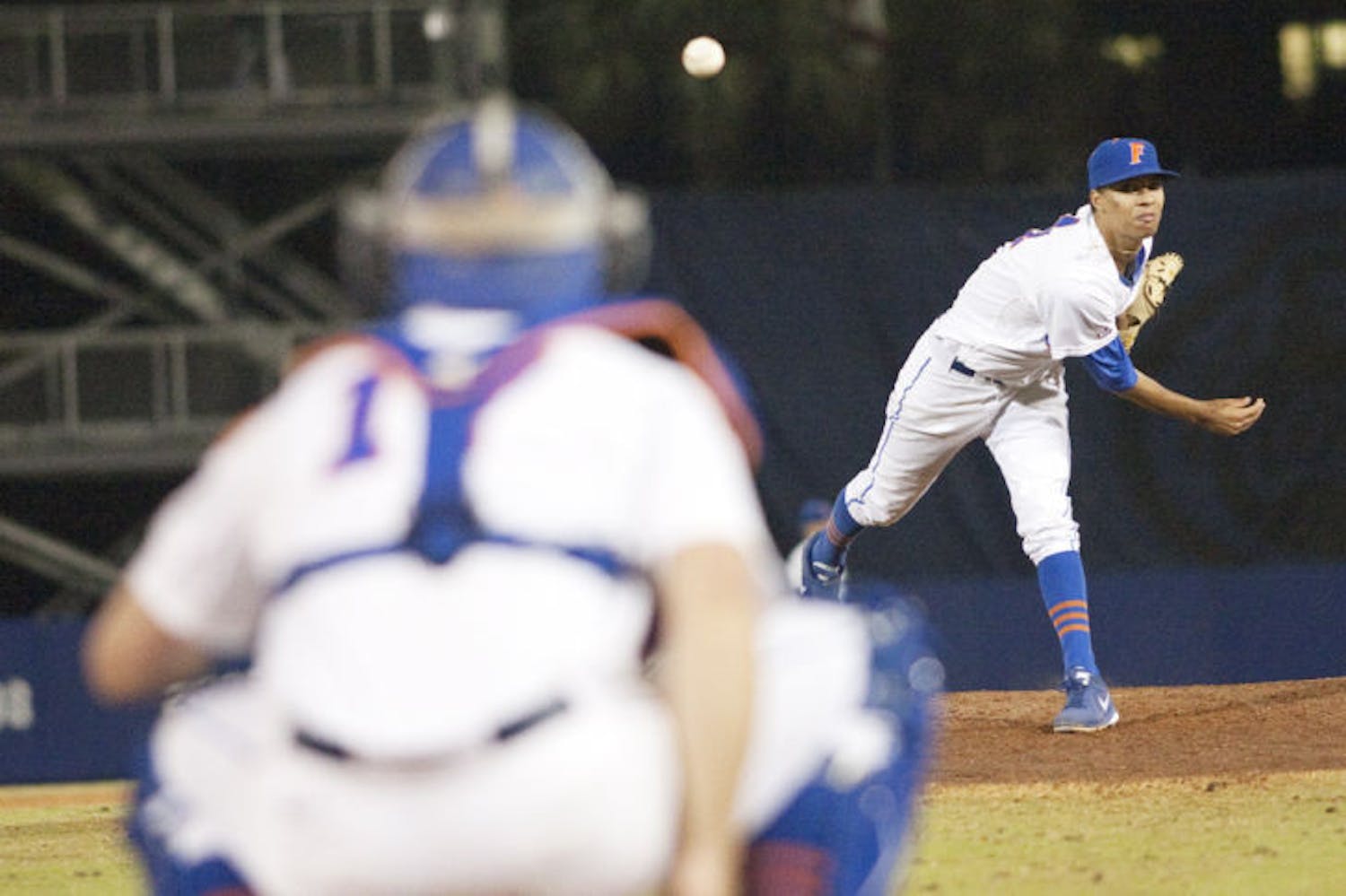 Freshman starting pitcher Jay Carmichael warms up between innings during Florida’s 4-1 win against Kentucky on March 15 at McKethan Stadium. Carmichael only pitched 1.2 innings in April while dealing with arm soreness.
