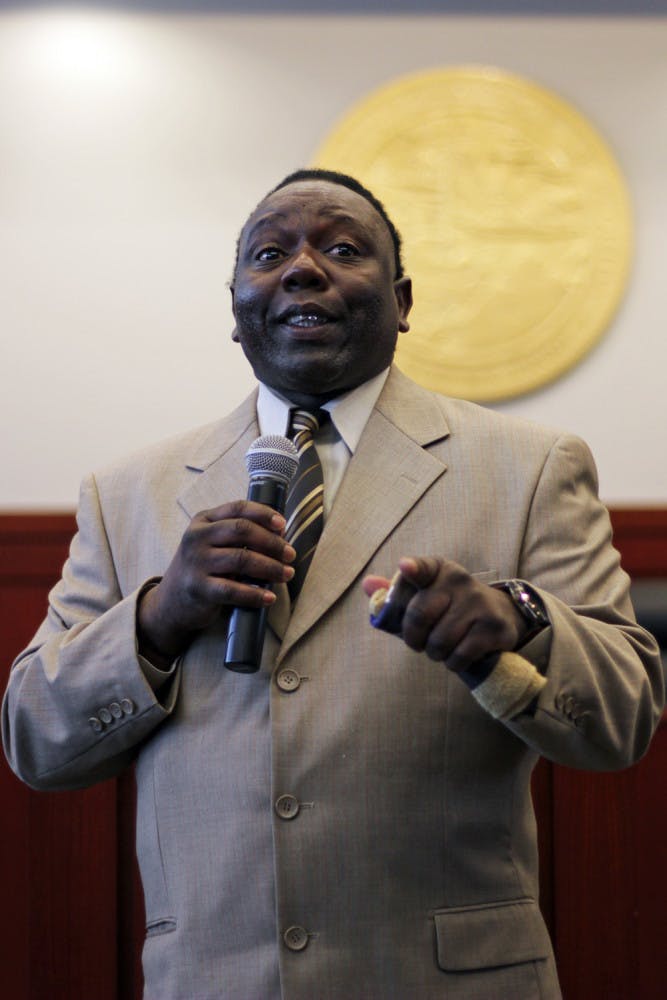 Alan Crotzer, who spent more than 24 years in prison for rape, kidnapping and robbery before being proven innocent in 2006 at age 45, speaks at the Levin College of Law on Monday. He told his story and encouraged law students to become the kind of attorneys who help people who are wrongly convicted of crimes.