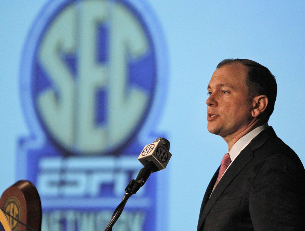 <p>Justin Connolly, from the SEC Network, speaks to the media at the Southeastern Conference Media Days on Wednesday in Hoover, Ala.</p>