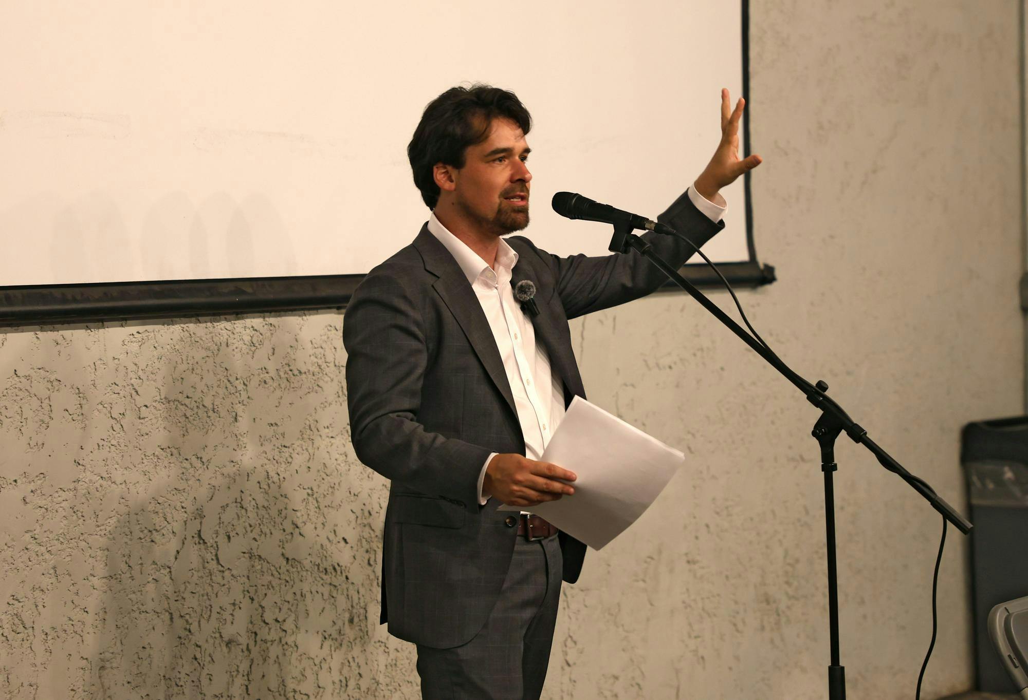 Bryan Eastman talks at his city commission campaign kickoff at Cypress and Grove in Gainesville, Fla., Wednesday, May 27, 2026.