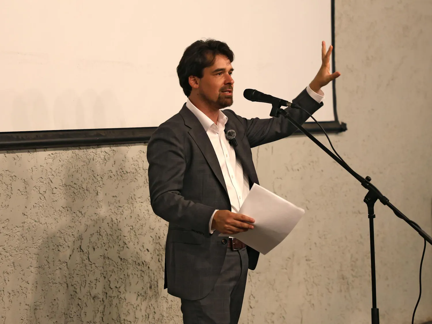 Bryan Eastman talks at his city commission campaign kickoff at Cypress and Grove in Gainesville, Fla., Wednesday, May 27, 2026.