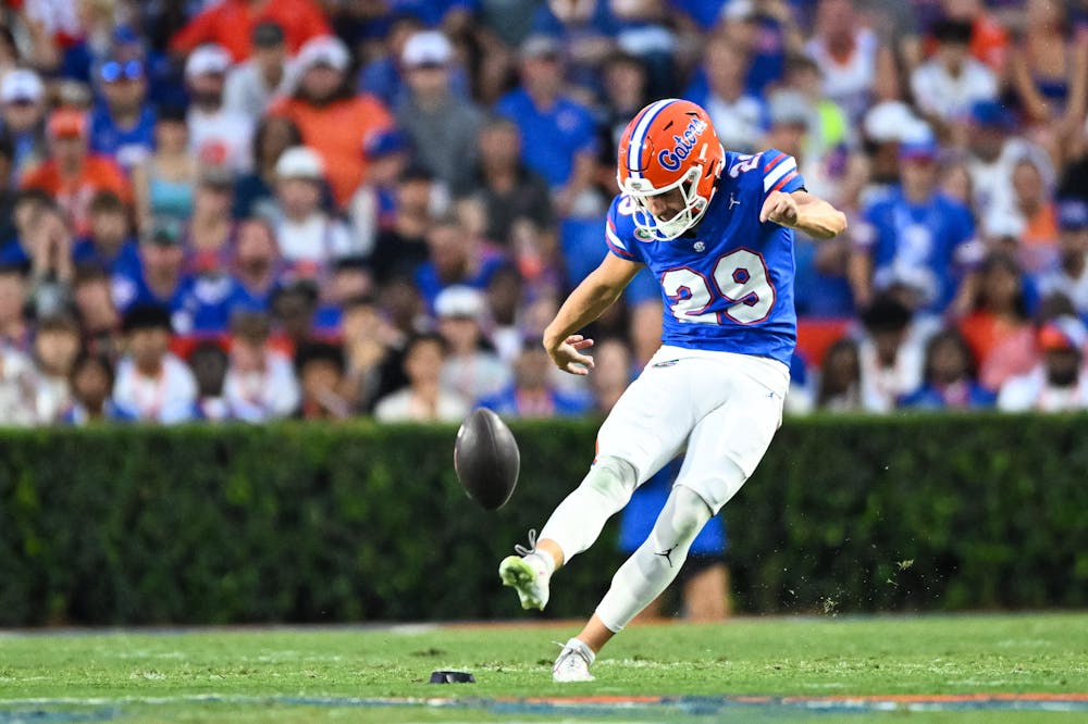 Florida Gators kicker Trey Smack (29) kicks off after a Gators scoring drive in a football game between the Long Island Sharks and the Florida Gators on Saturday, Aug. 30, 2025, at Ben Hill Griffin Stadium in Gainesville, Fla.