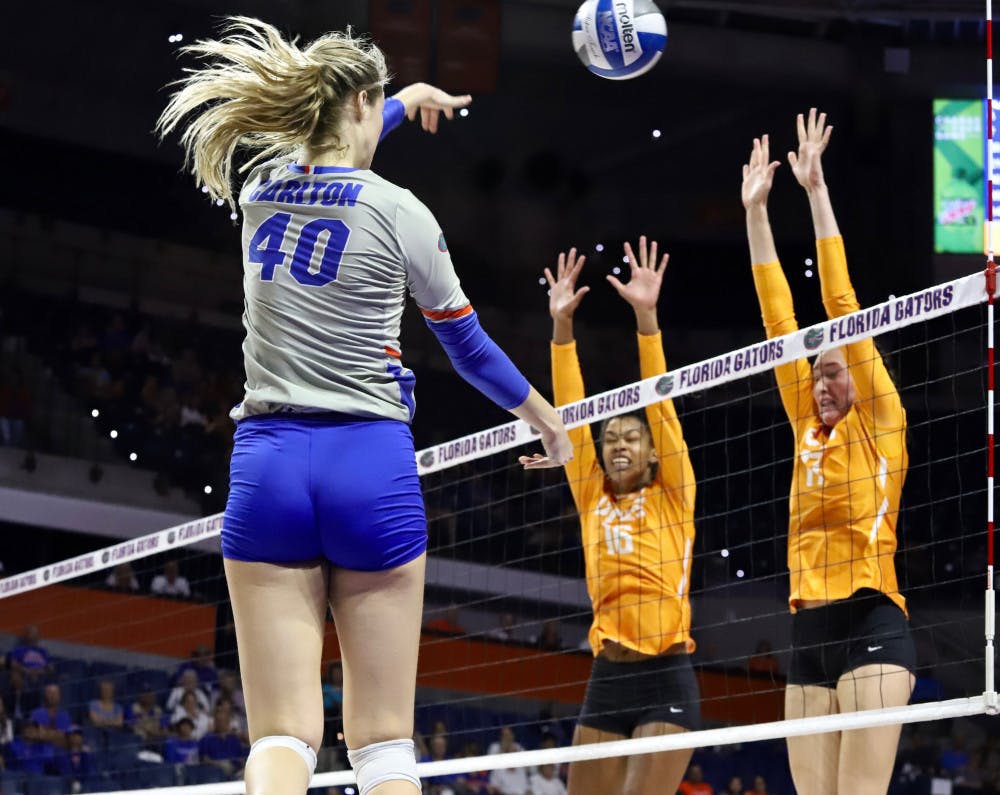 <p><span id="docs-internal-guid-d3c89834-7fff-fd59-9055-7b8136d6d560"><span>Opposite attacker Holly Carlton was one of two UF players with double-digit kills, registering 10 in the win.</span></span></p>