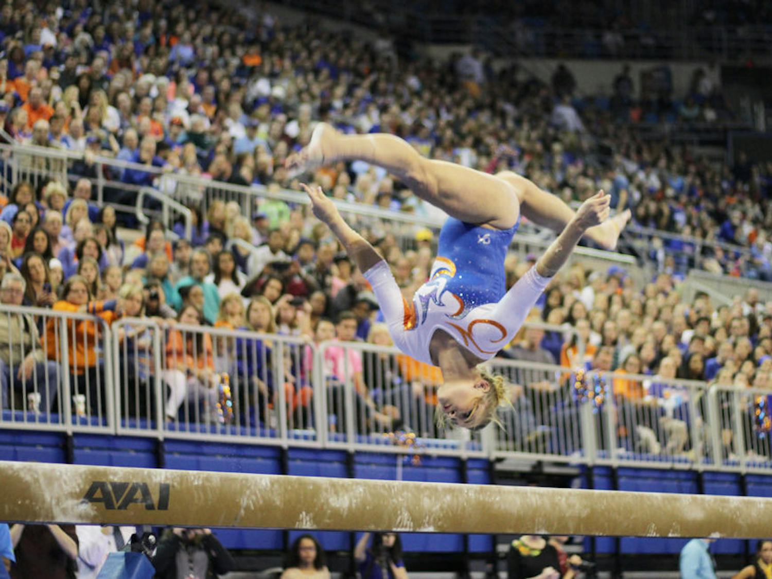 Bridget Sloan performs on the balance beam during Florida's win against Alabama on Jan. 29, 2016, in the O'Connell Center.