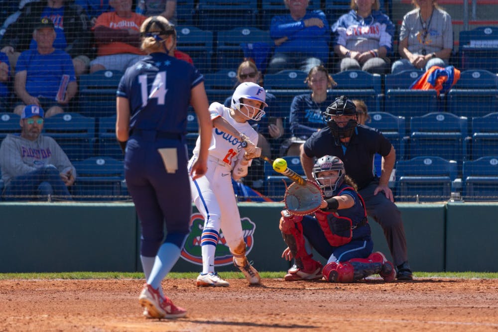 Gators outfielder Kendra Falby gets her bat to the ball in the team's win over the University of Illinois Chicago on Sunday, February 25, 2024. 