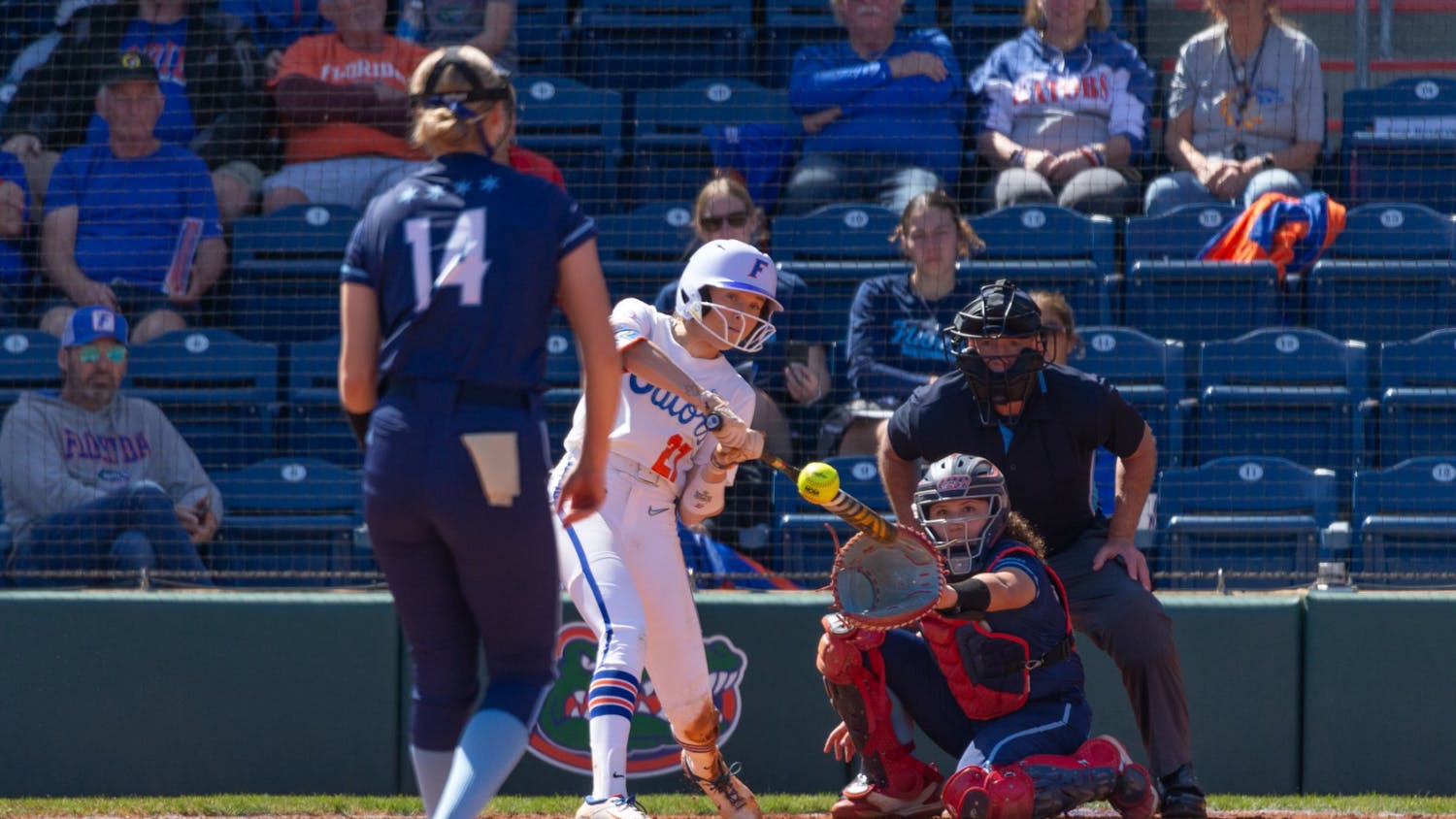 Gators outfielder Kendra Falby gets her bat to the ball in the team's win over the University of Illinois Chicago on Sunday, February 25, 2024. 