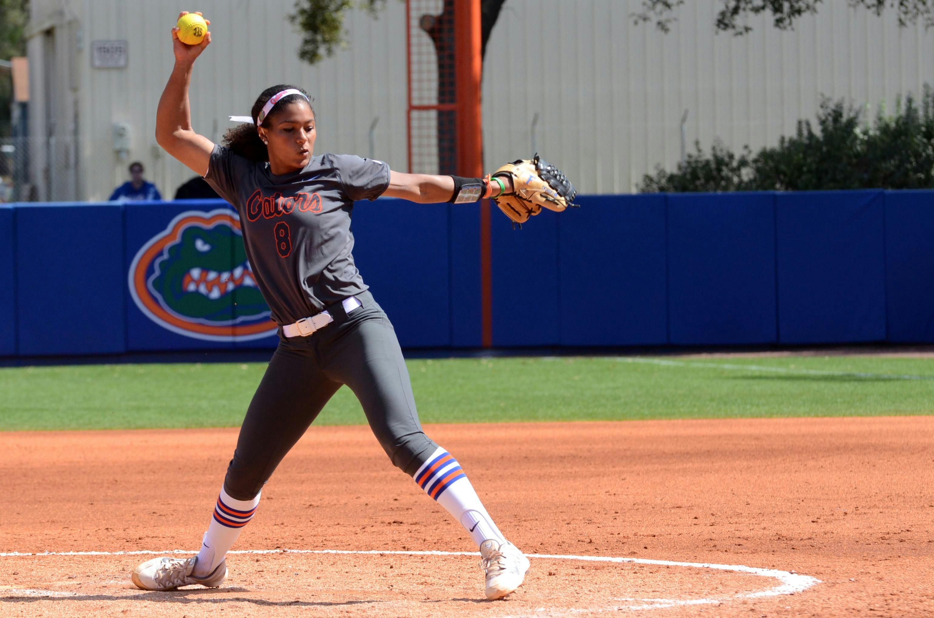 Aleshia Ocasio pitches during Florida's 4-1 win against Illinois State on Feb. 21 at Katie Seashole Pressly Stadium.
