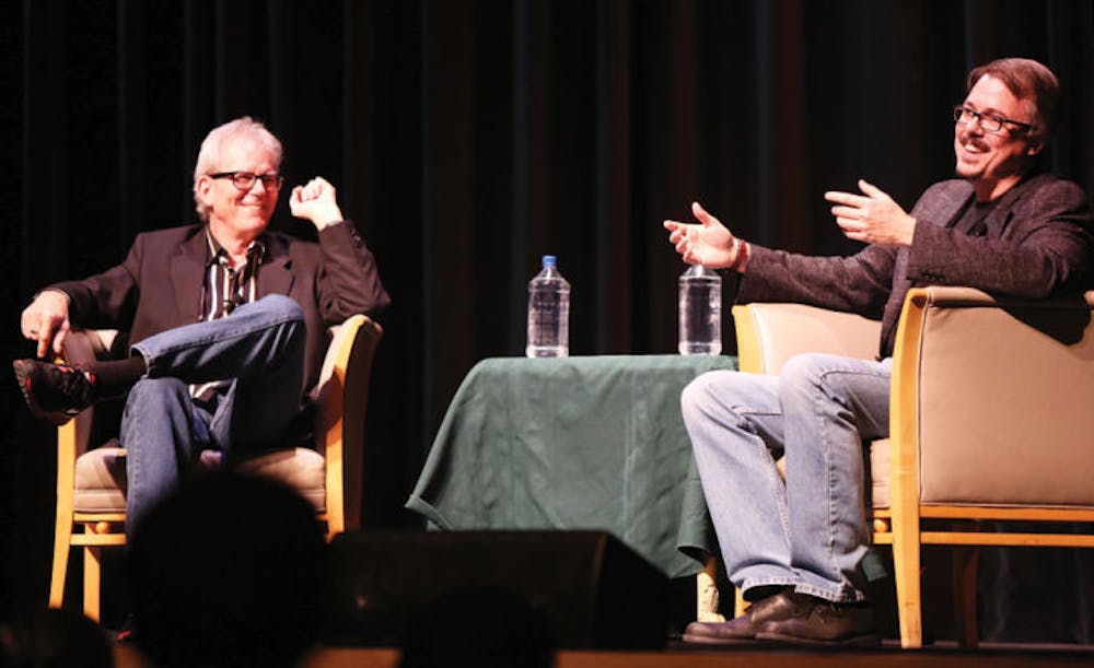<p>UF master lecturer Mike Foley interviews Vince Gilligan, the creator of AMC’s hit series “Breaking Bad,” at an event hosted by Accent Speaker’s Bureau at the Phillips Center for the Performing Arts on Tuesday evening.</p>