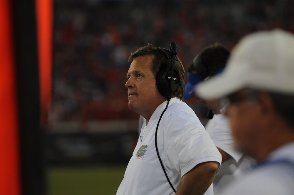 <p>Coach Jim McElwain looks on during Florida's 24-10 win over Georgia on Oct. 29, 2016, in Jacksonville.</p>