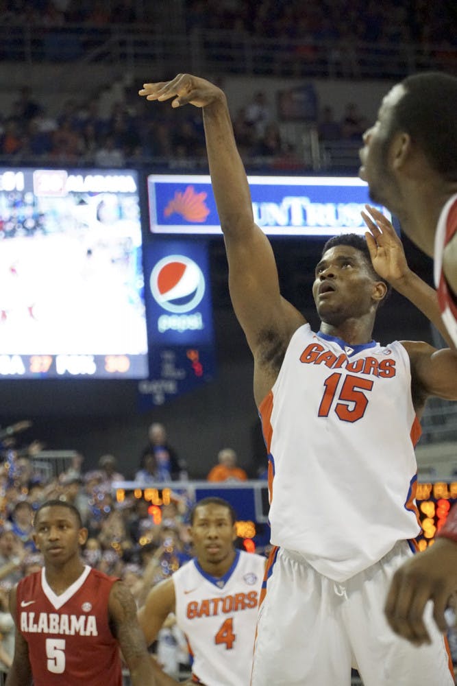 John Egbunu shoots a free throw during Florida's 61-55 loss to Alabama on Feb. 13, 2016, in the O'Connell Center.