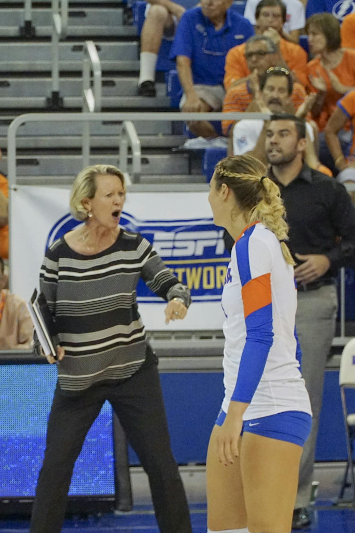 UF coach Mary Wise calls out to setter Mackenzie Dagostino during Florida's 3-1 loss to Kentucky on Sept. 27, 2015, in the O'Connell Center.