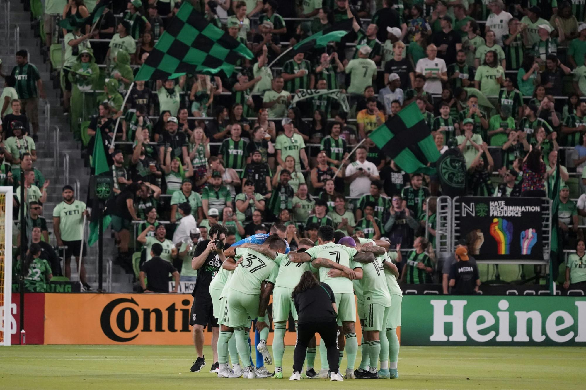 Sep 14, 2022; Austin, Texas, USA; Austin FC in a huddle before the game against Real Salt Lake at Q2 Stadium. Mandatory Credit: Scott Wachter-USA TODAY Sports; Courtesy of the MLSPA