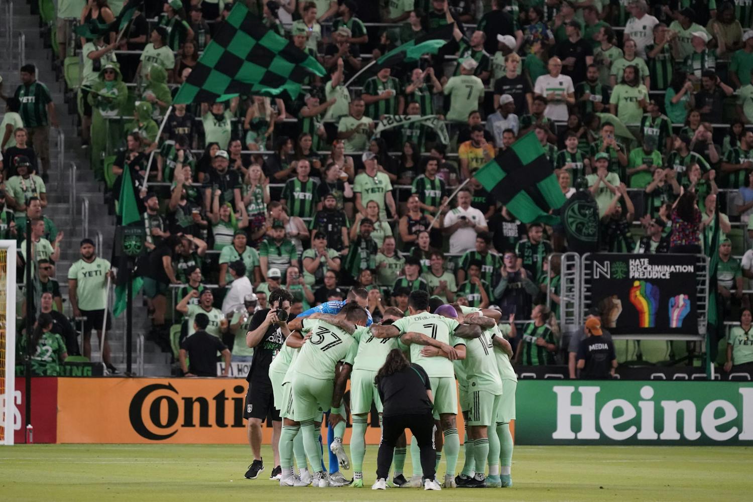 Sep 14, 2022; Austin, Texas, USA; Austin FC in a huddle before the game against Real Salt Lake at Q2 Stadium. Mandatory Credit: Scott Wachter-USA TODAY Sports; Courtesy of the MLSPA