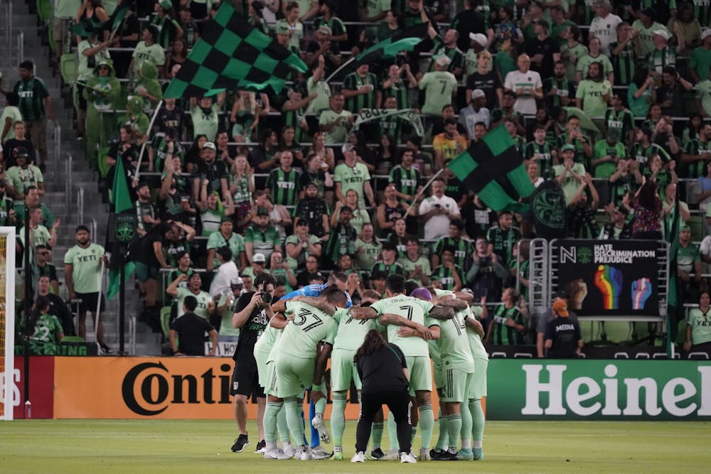 <p>Sep 14, 2022; Austin, Texas, USA; Austin FC in a huddle before the game against Real Salt Lake at Q2 Stadium. Mandatory Credit: Scott Wachter-USA TODAY Sports; Courtesy of the MLSPA</p>