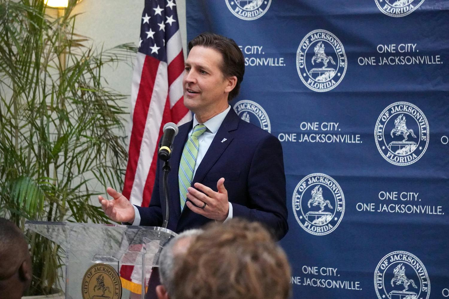 New UF President Ben Sasse addresses a crowd during a press conference at Jacksonville City Hall Tuesday, Feb. 7, 2023.