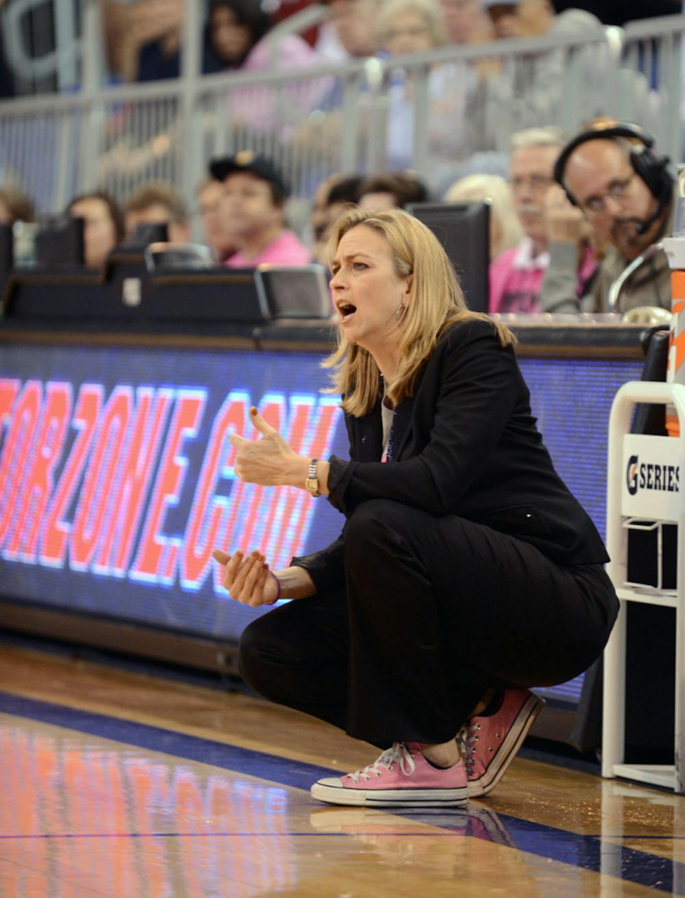 <p>Amanda Butler reacts to a play during Florida’s 87-54 win against Alabama on Feb. 3, 2013, in the O’Connell Center. The Gators are down to seven active players on the roster.</p>