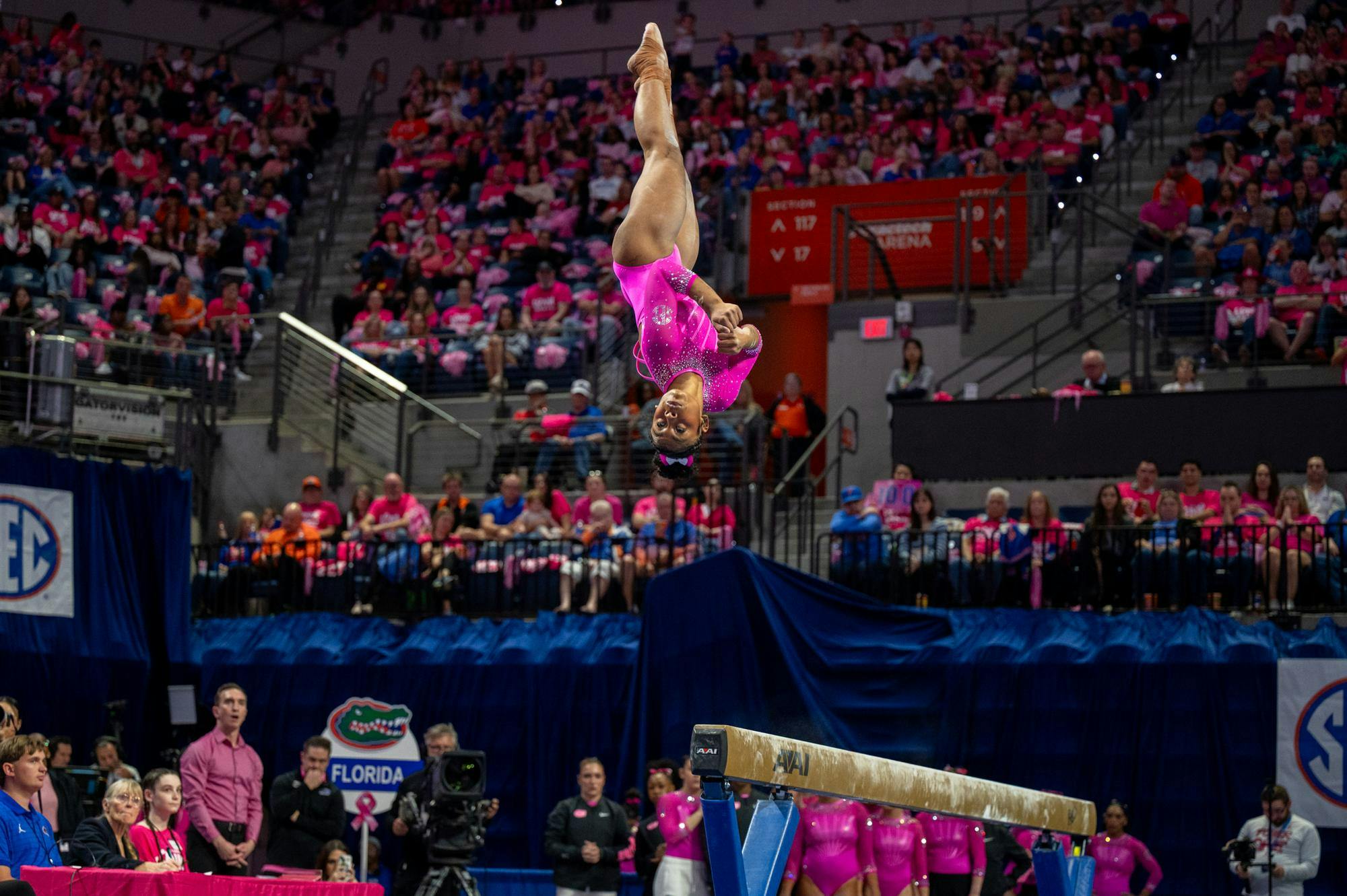 Florida gymnast Selena Harris-Miranda performs on the beam during an NCAA gymnastics meet against Oklahoma, Friday, Feb. 13, 2026, in Gainesville, Fla.