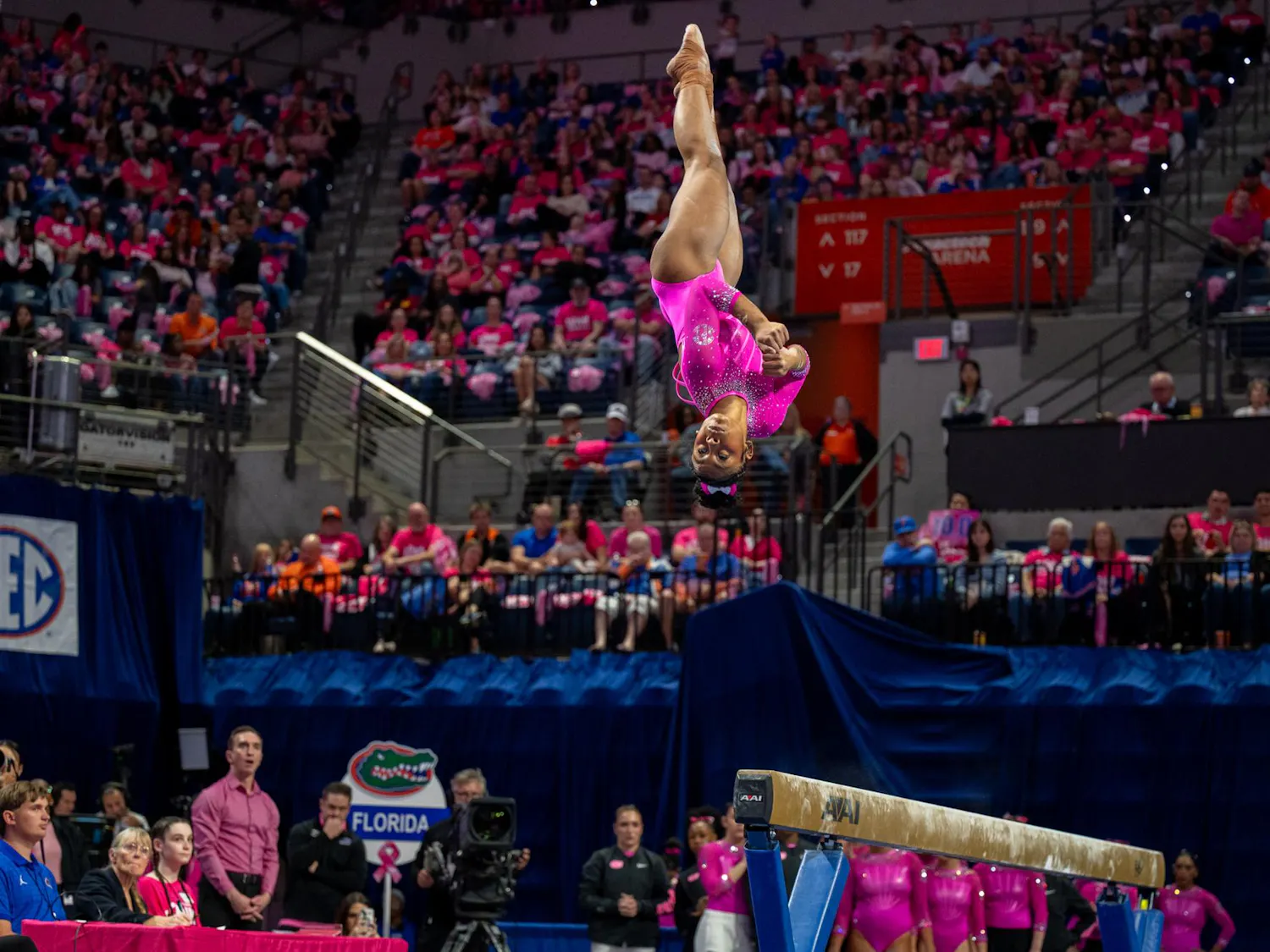 Florida gymnast Selena Harris-Miranda performs on the beam during an NCAA gymnastics meet against Oklahoma, Friday, Feb. 13, 2026, in Gainesville, Fla.