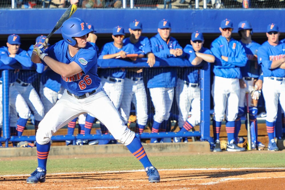 <p>Ryan Larson stands at the plate during No. 20 Florida's 9-7 loss against Maryland on Feb. 15.</p>