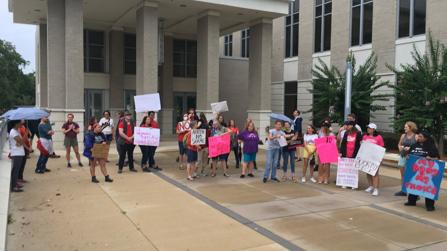 Protesters gather outside of the Stephan P. Mickle, Sr., Criminal Courthouse to protest the Supreme Court decision to overturn Roe v. Wade Friday, June 24, 2022.