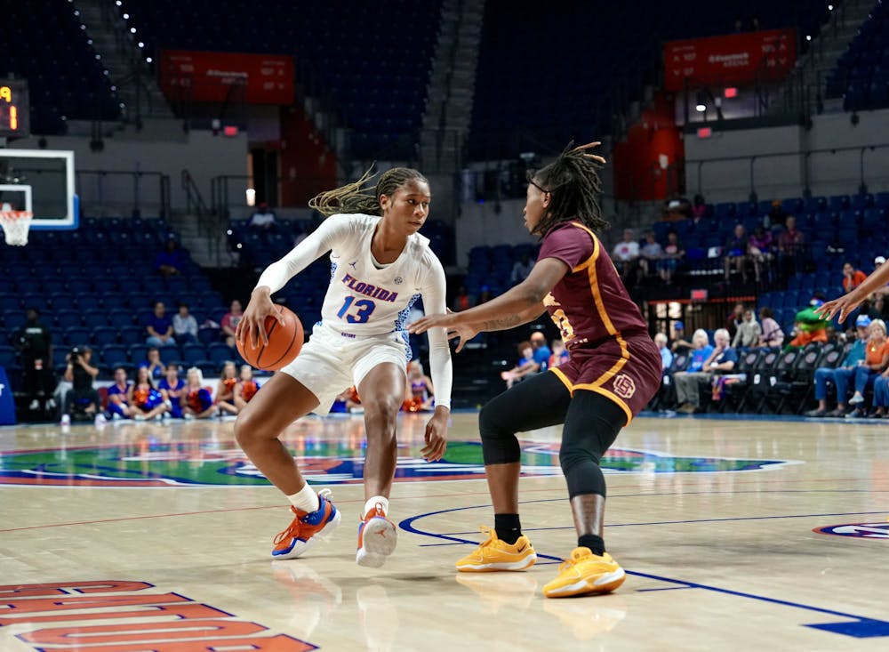 Florida guard Laila Reynolds sets up a dribble move in the Gators' 83-69 win against the Bethune-Cookman Wildcats on Thursday, Nov. 9, 2023.