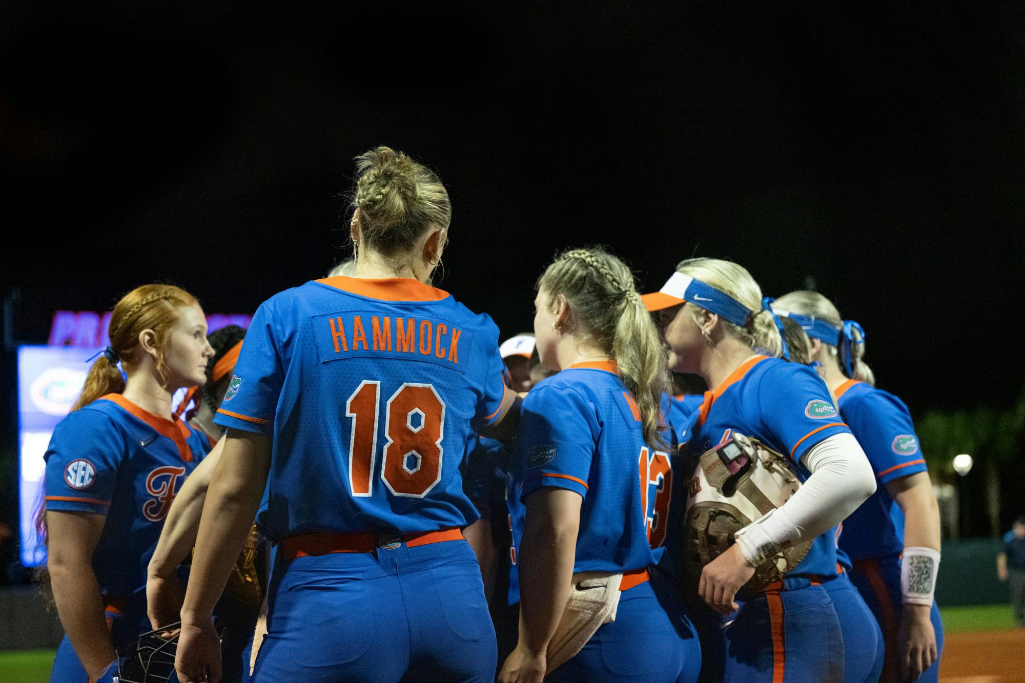 The Florida Gators Softball team meets during a game against Boston College in Gainesville, Fla., on Thursday, Feb. 13, 2025.