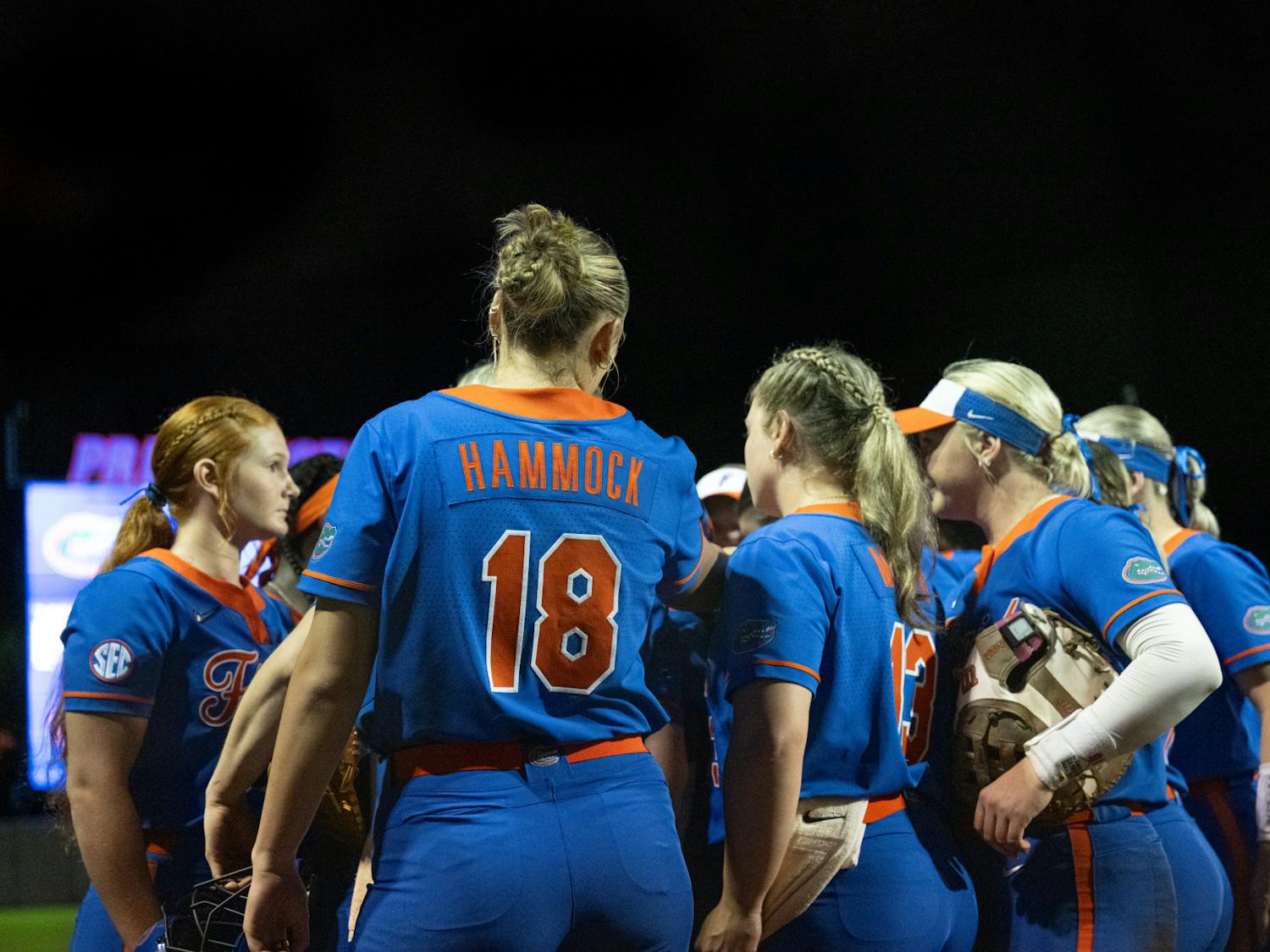 The Florida Gators Softball team meets during a game against Boston College in Gainesville, Fla., on Thursday, Feb. 13, 2025.