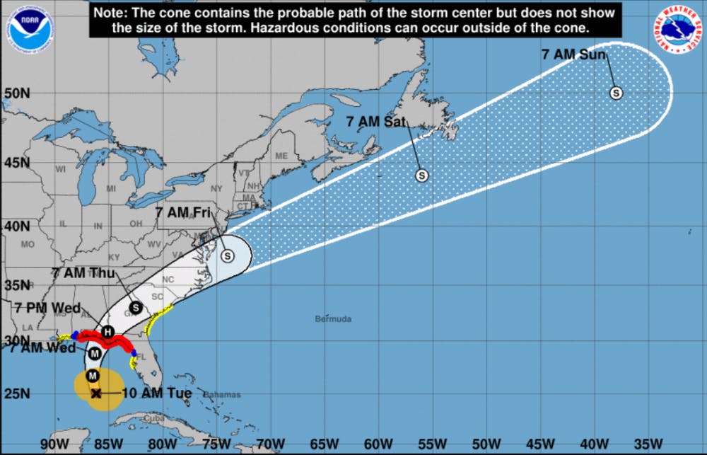 <p>The hurricane's projected path as of 10 a.m. on Tuesday, according to the National Hurricane Center.&nbsp;</p>