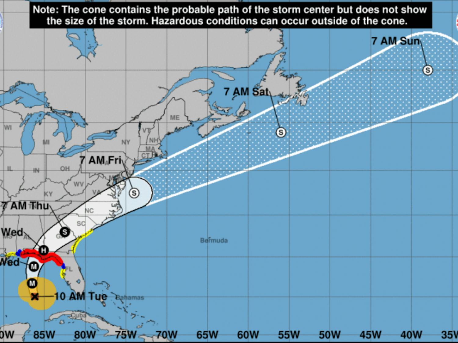 The hurricane's projected path as of 10 a.m. on Tuesday, according to the National Hurricane Center. 
