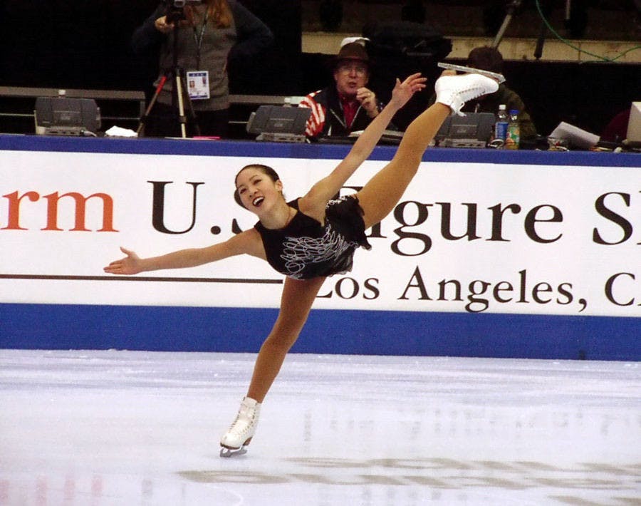 Michelle Kwan performing her signature spiral at a practice session at the 2002 U.S. Figure Skating Championships